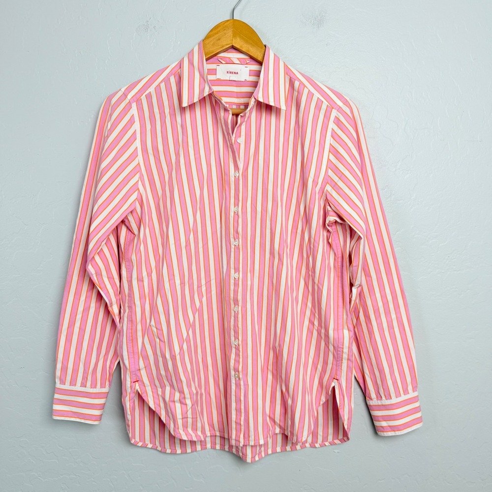 Xirena Womens Beau Striped Cotton Button Down Shirt Pink Orange White Size XS